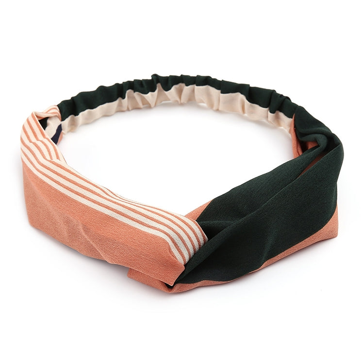 Women’s cross hair band with dark green and terracotta orange striped fabric