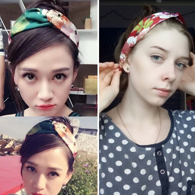 Women’s cross headband with green base and floral print on top