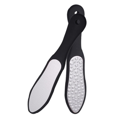 Double-sided foot file with white textured abrasive pads and black handle