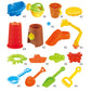Assorted beach sand table accessories: shovels, molds, cups, and pieces in assorted colors