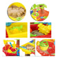 Collage of kids beach sand table toy accessories with sand molds and figure pieces