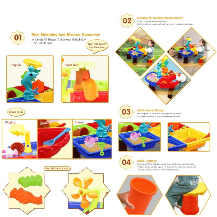 Instruction diagram showing kids beach sand table toy set parts and play ideas