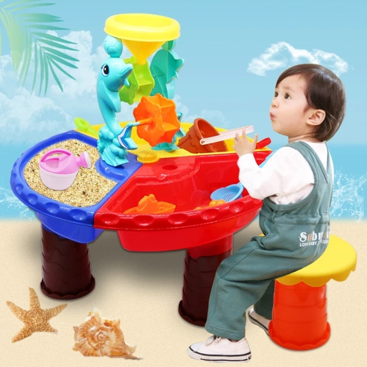 Kids beach sand table toy set with dolphin figure, sand tray, and colorful scoops
