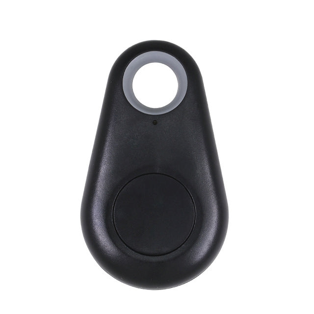 Black kids keyfinder wallet GPS locator tag with keyring loop and round button.