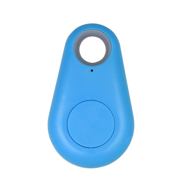 Blue kids GPS keyfinder locator tag with keyring loop and round activation button.