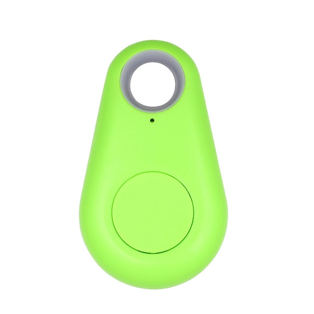 Green kids GPS keyfinder locator tag with keyring loop and round activation button.