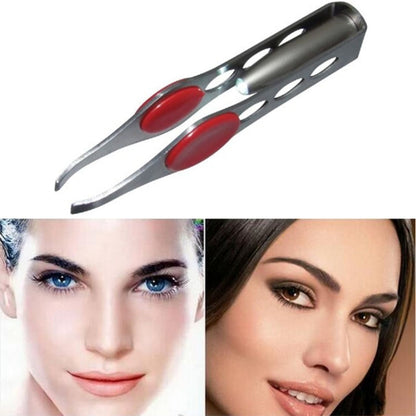 LED eyebrow clip tweezers, stainless steel with red grips and four-hole head