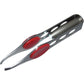 LED eyebrow clip tweezers with stainless steel body, red grips, four-hole design