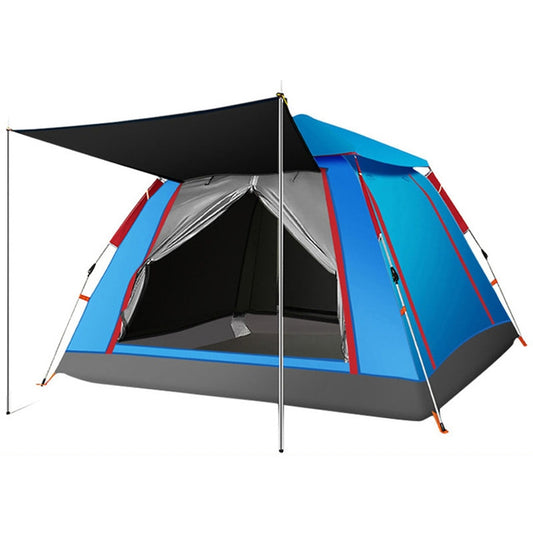 3-4 person automatic camping tent with sky-blue canopy, gray base, and red trim, open