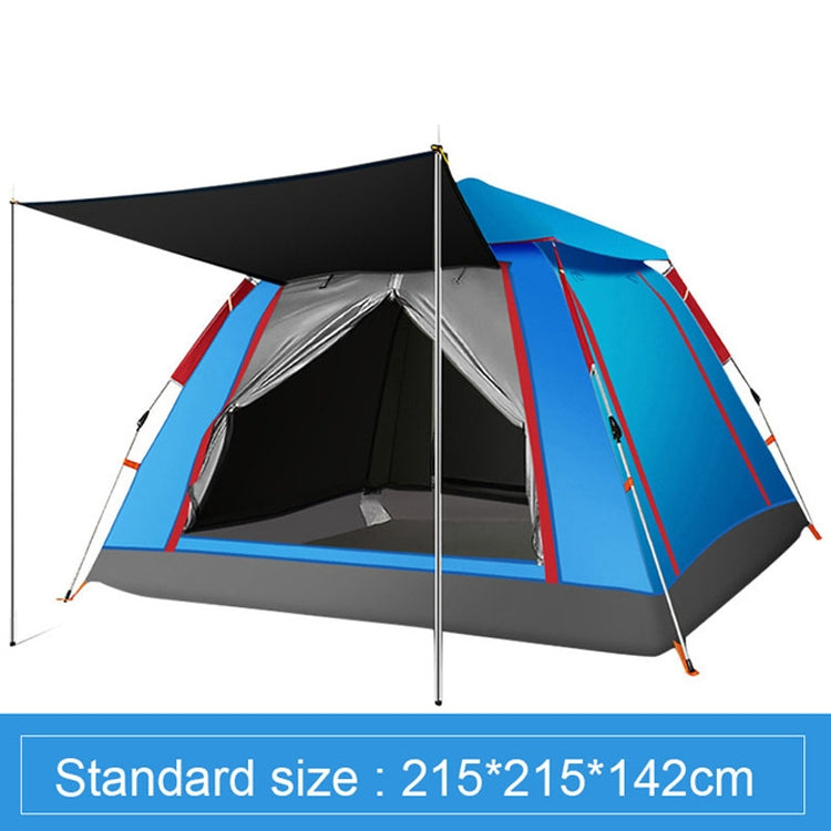 3-4 person automatic camping tent with black interior, sky-blue rainfly, and gray skirt