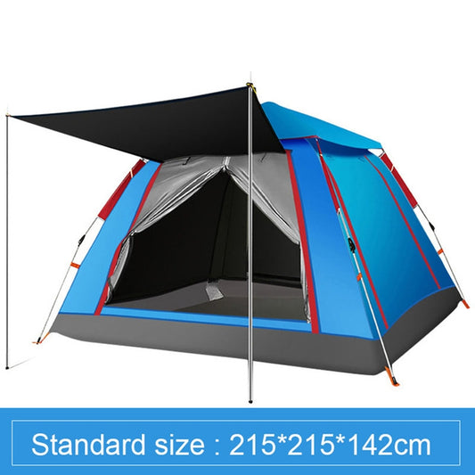 3-4 person automatic camping tent with black interior, sky-blue rainfly, and gray skirt
