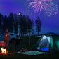 Blue automatic camping tent with red-trim straps, open entry, and visible frame poles