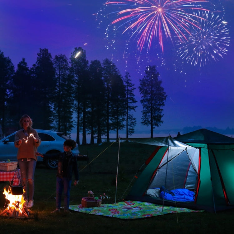 Blue automatic camping tent with red-trim straps, open entry, and visible frame poles