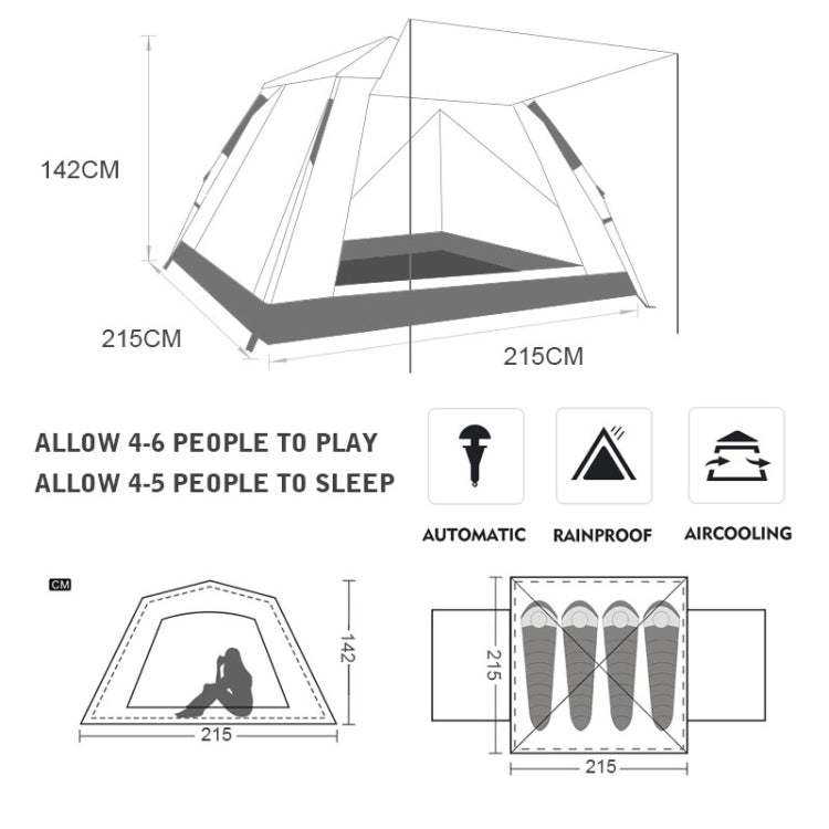 Automatic camping tent layout diagram with open 4-sided design and labeled dimensions