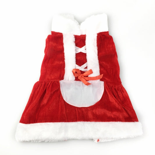 Red Santa dog costume coat with white fur hood, white chest bib, and red skirt hem