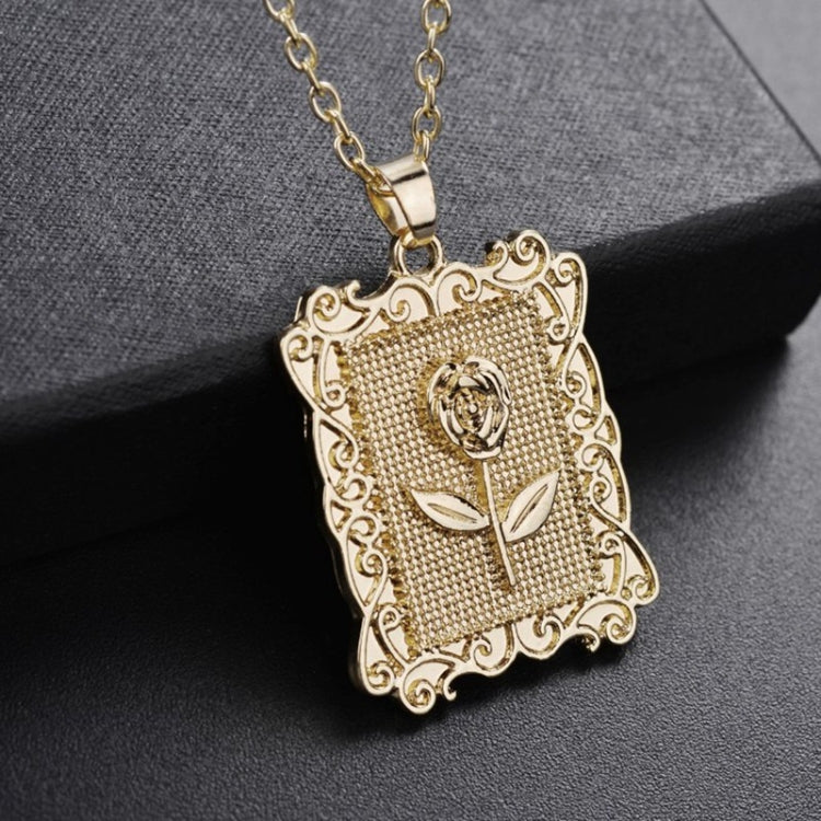 Gold geometric square rose pendant necklace with ornate filigree and chain links
