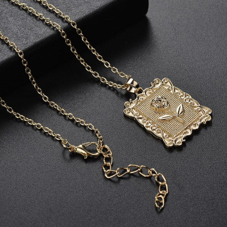 Gold geometric square rose pendant necklace with filigree frame and adjustable links