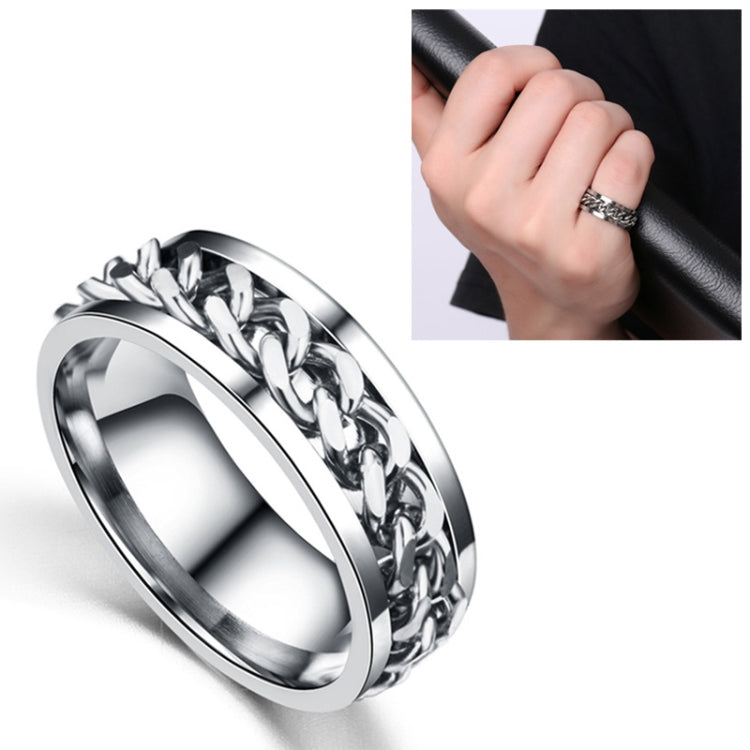 Stainless steel rotatable chain ring, silver tone, chain-link band with hand inset