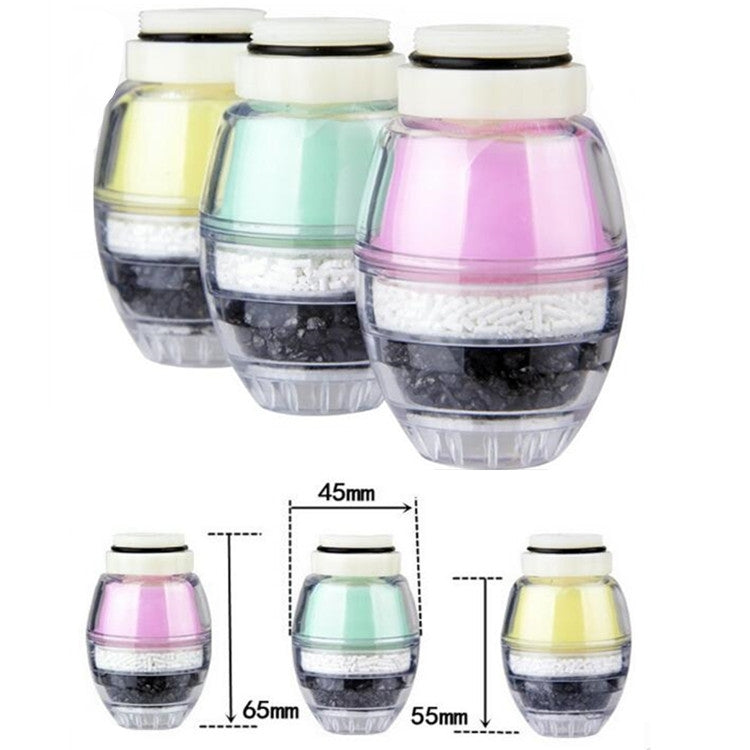 Set of tap water purifier filter cartridges in multiple colors with size diagram