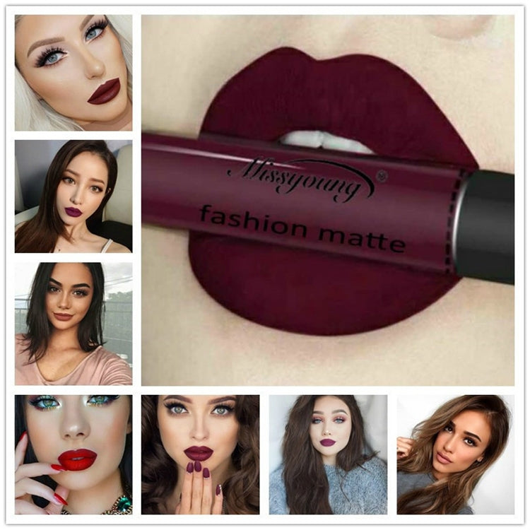 Liquid matte lipstick with deep burgundy shade on lips