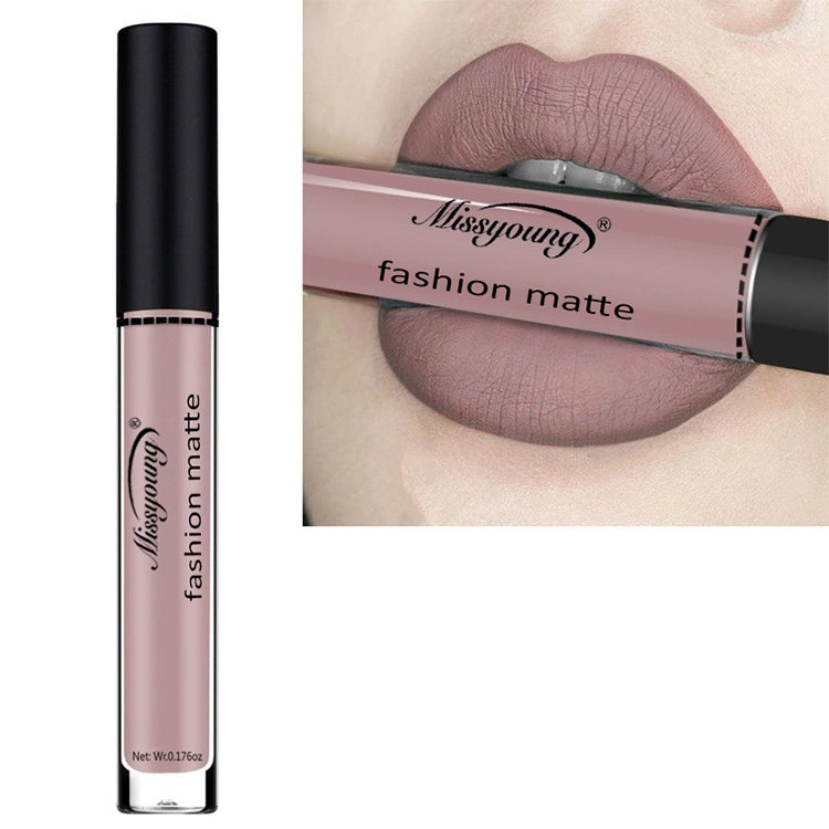 Liquid matte lipstick with mauve pink tube and black cap