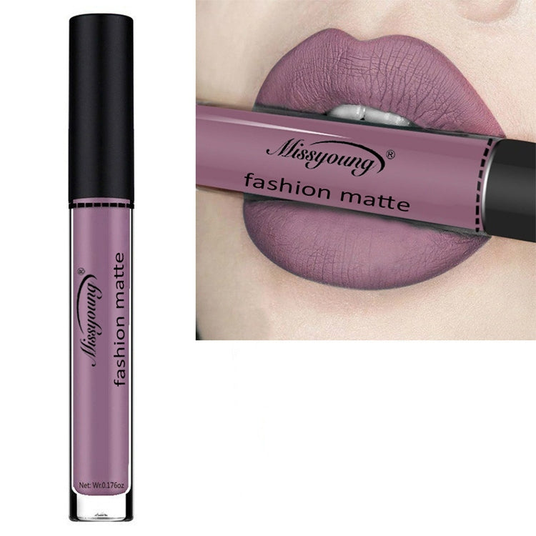 Matte liquid lipstick with purple mauve shade, long-wearing lip color in a clear tube