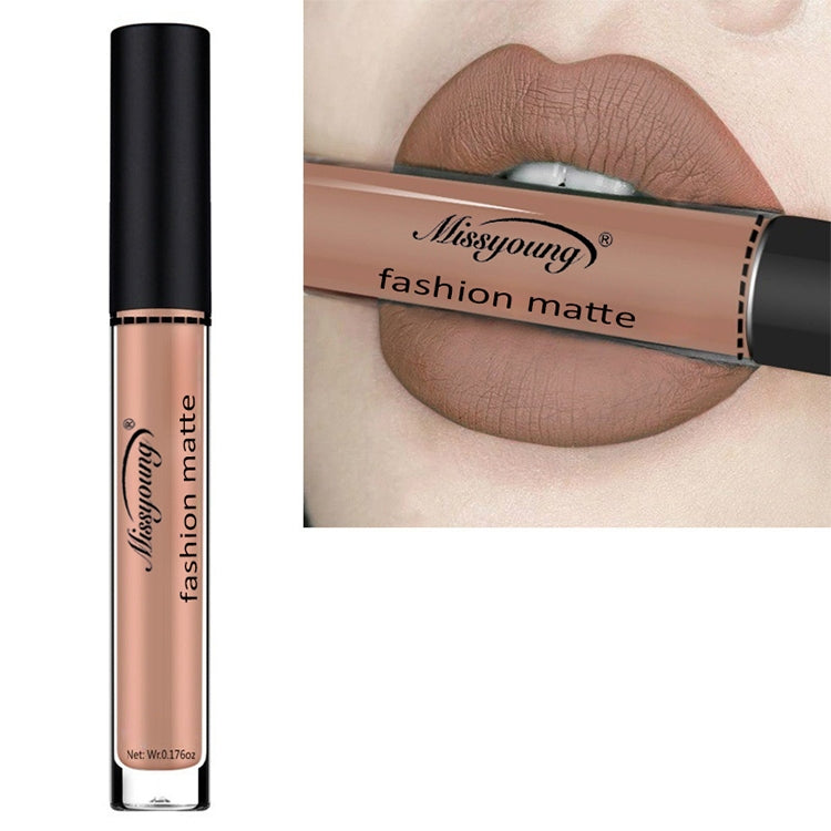 Matte liquid lipstick with nude pink shade, long-wearing lip color in a clear tube