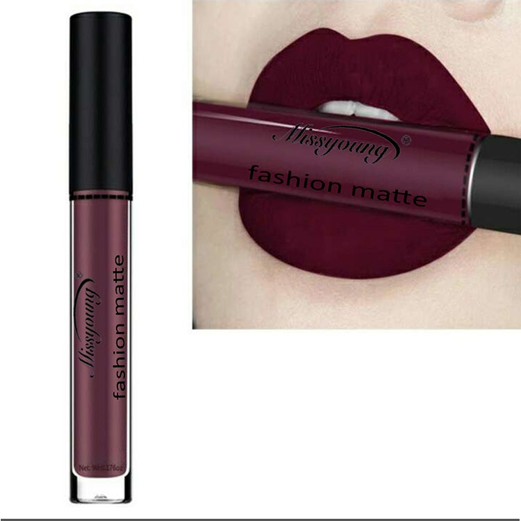 Matte liquid lipstick with plum wine shade, long-wearing lip color in a clear tube