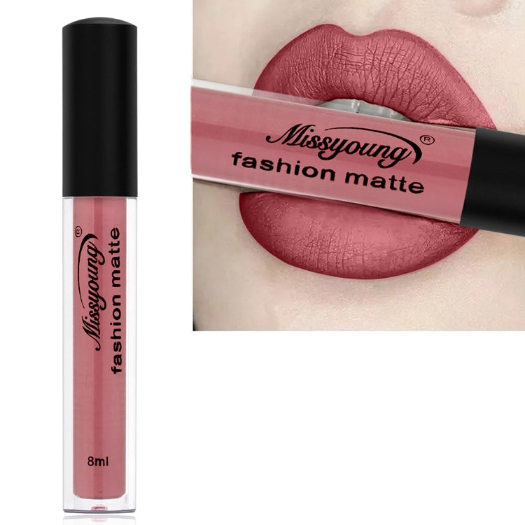 Matte liquid lipstick with dusty rose shade, long-wearing lip color in a clear tube