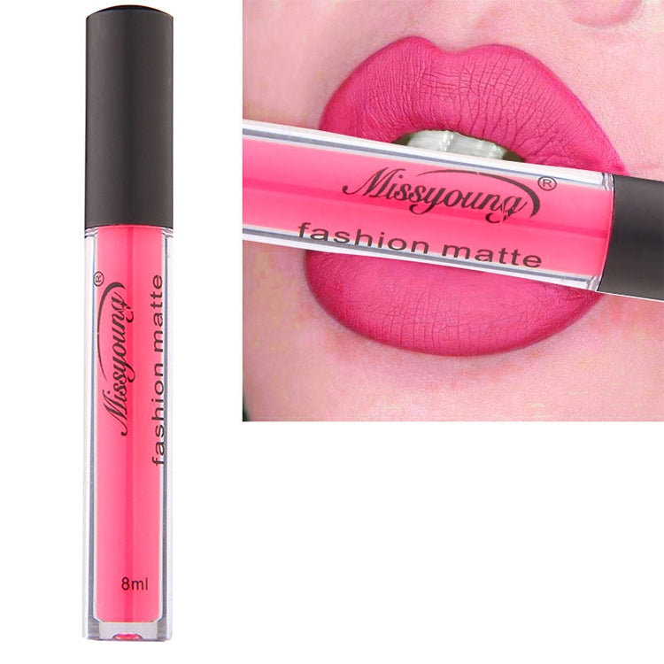 Matte liquid lipstick with bright pink fuchsia shade, long-wearing lip color in a clear tube
