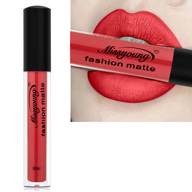 Matte liquid lipstick with vivid red shade, long-wearing lip color in a clear tube