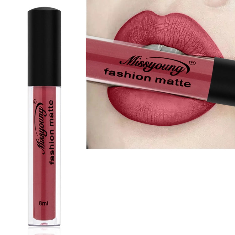 Matte liquid lipstick with mauve rose shade, long-wearing lip color in a clear tube