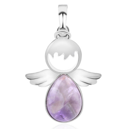 Silver angel wing pendant necklace with amethyst teardrop crystal charm