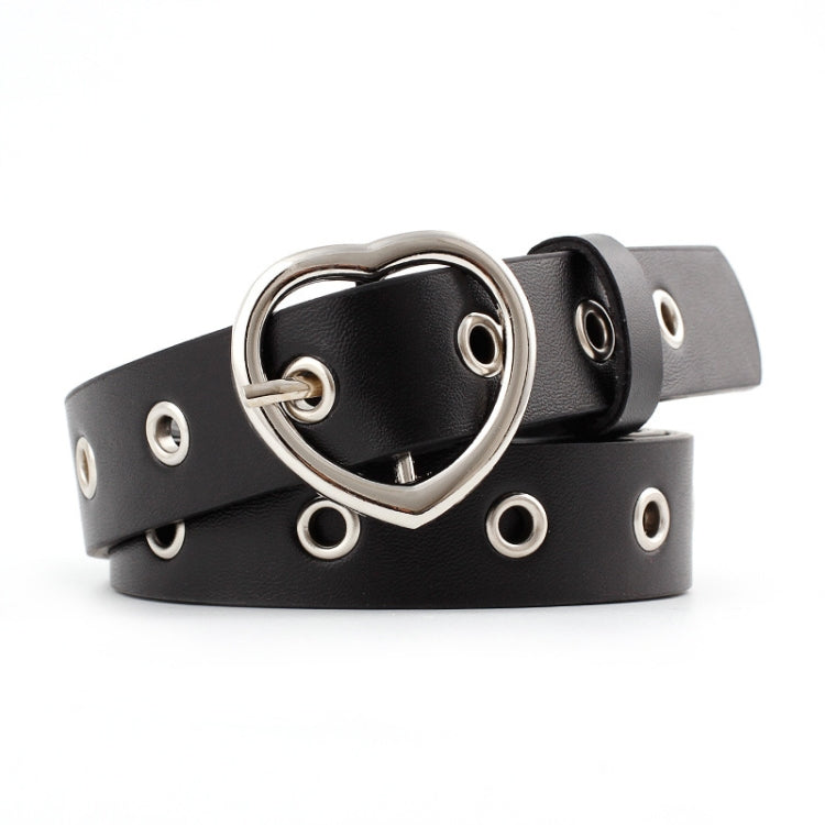 Black narrow leather belt with silver heart buckle and round grommet studs