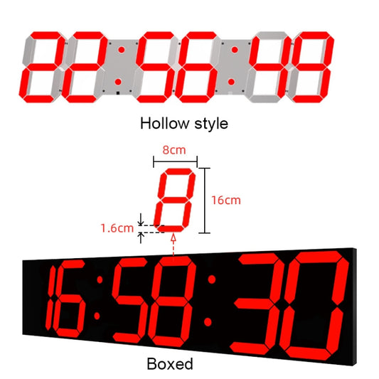 WiFi wall digital clock showing red boxed time and hollow style digit sample