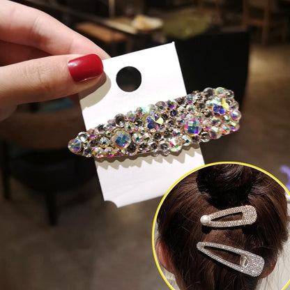 Rhinestone hair barrette with faux pearl accent, rectangular crystal design on clip