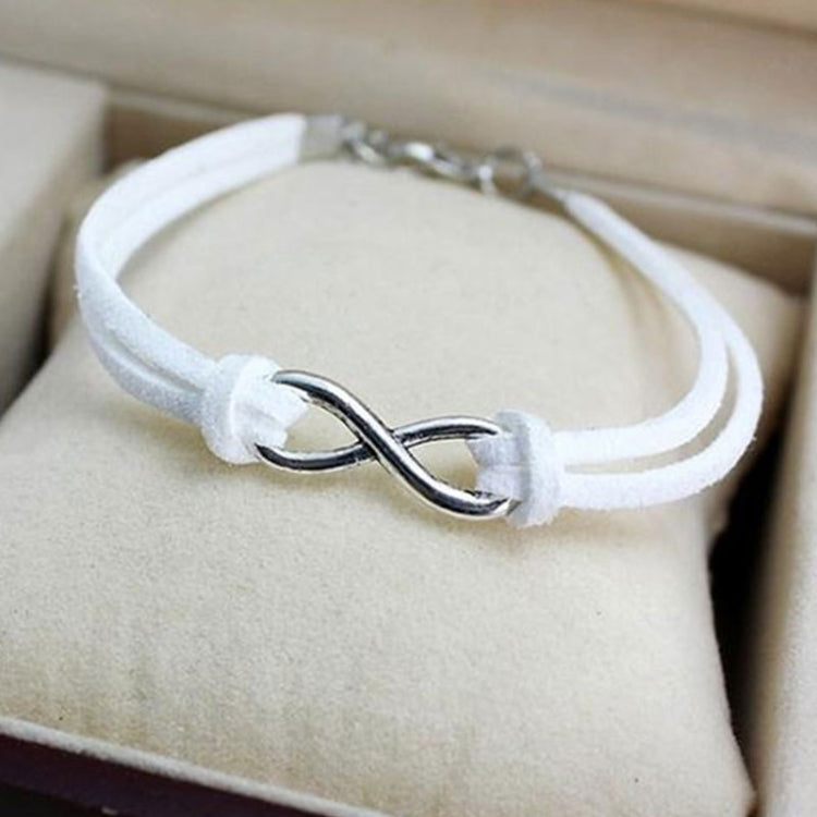 White twine infinity bracelet with silver-tone infinity link and knotted ends