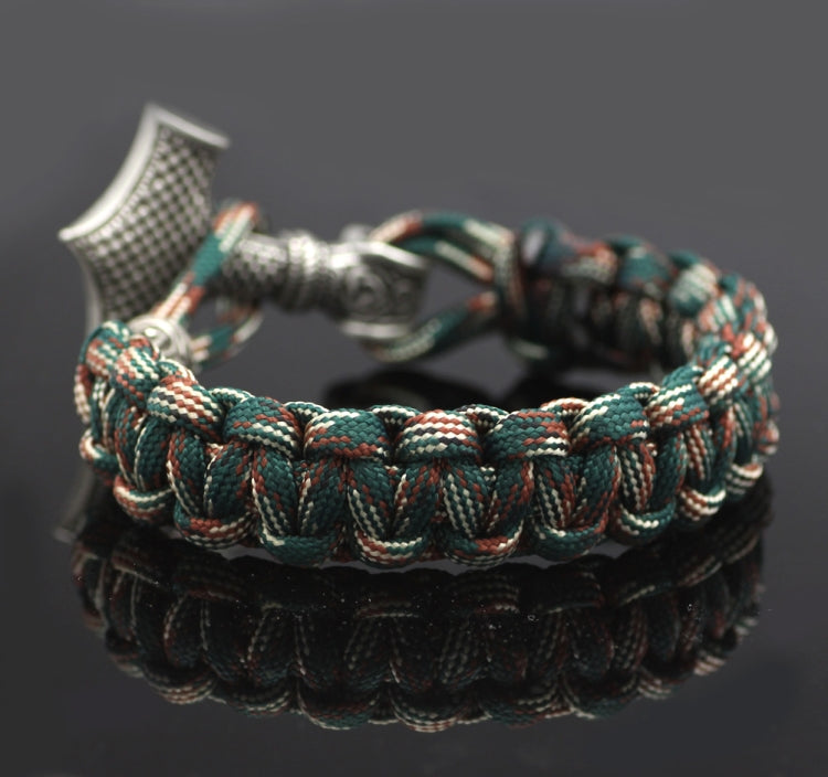 Braided rope bracelet with silver-tone Thor hammer charm and textured weave, teal and brown