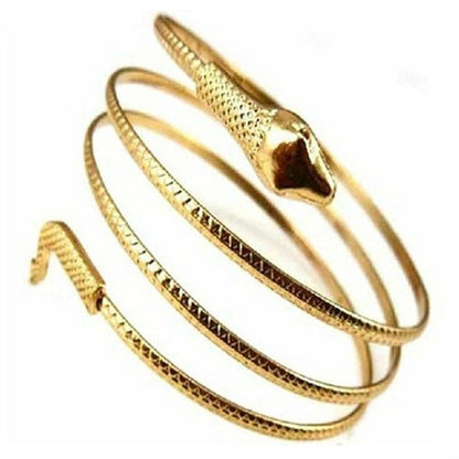 Twisted snake bangle bracelet set, three gold-tone cuffs with snake-head end pieces