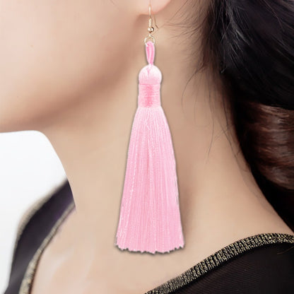 Boho long tassel earrings in light pink, hanging drop style with metal hook