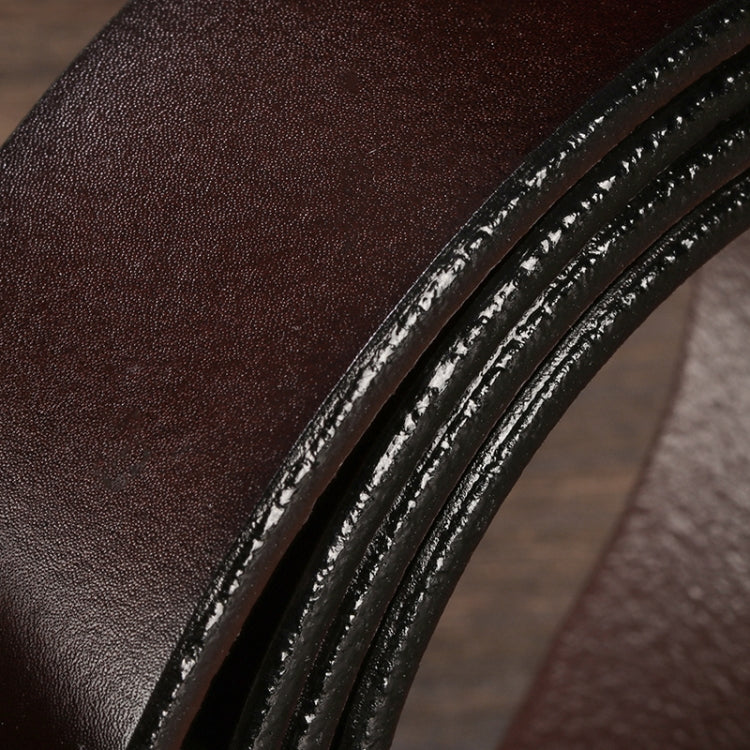 Brown leather belt close-up with glossy stitched edge and embossed texture