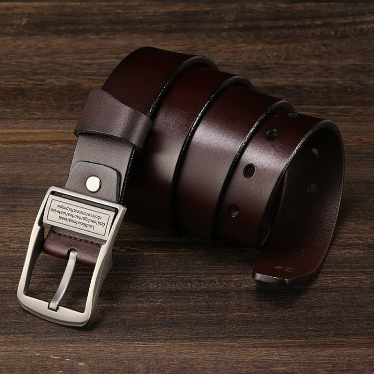 Brown leather pin buckle belt with silver-tone rectangular buckle and punched holes