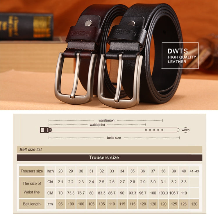 Two leather pin buckle belts with silver-tone buckles, one dark and one brown