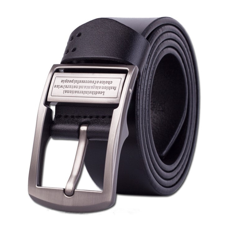 Black leather pin buckle belt with rectangular buckle and multiple strap holes