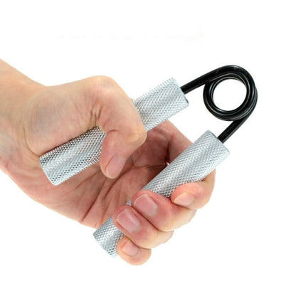 Hand grip strengthener with silver mesh wrist straps and black spring handles