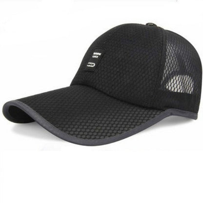 Breathable mesh baseball cap in black with curved brim and side mesh panels.