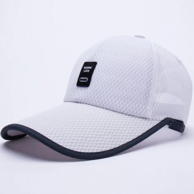 Breathable mesh baseball cap in white with curved brim and mesh side panel.