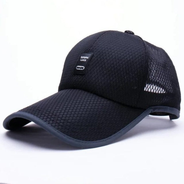 Breathable mesh baseball cap in dark gray/black with curved brim and side mesh panel.