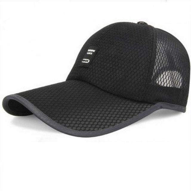 Black breathable mesh baseball cap with curved brim and open side mesh panel.