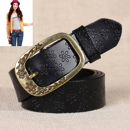 Black PU leather belt with embossed flower pattern and antique gold oval buckle